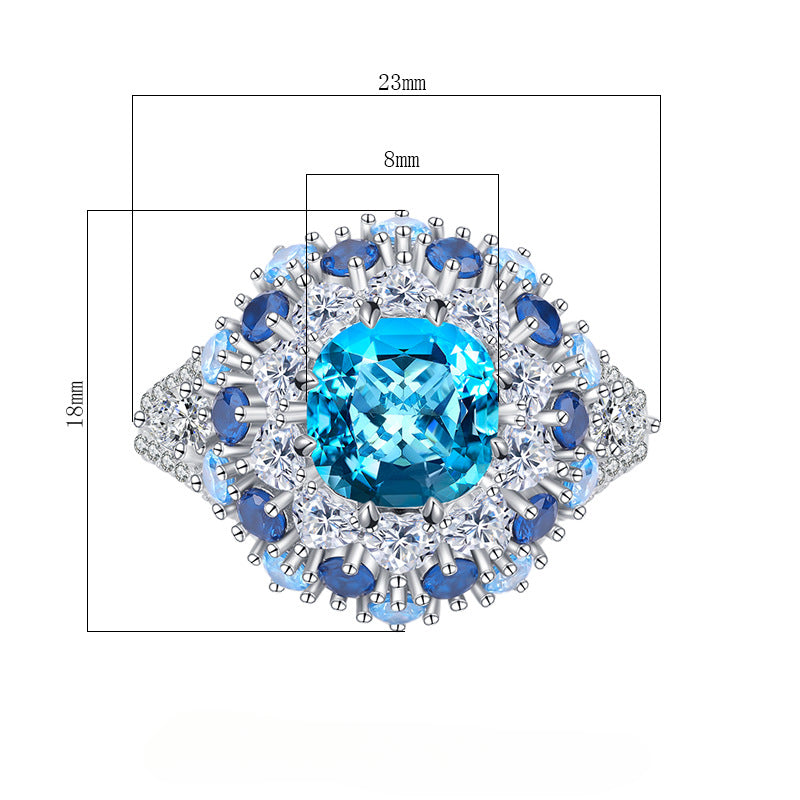 Urqanyu S925 silver simulated aquamarine stamen luxury cubic zirconia ring