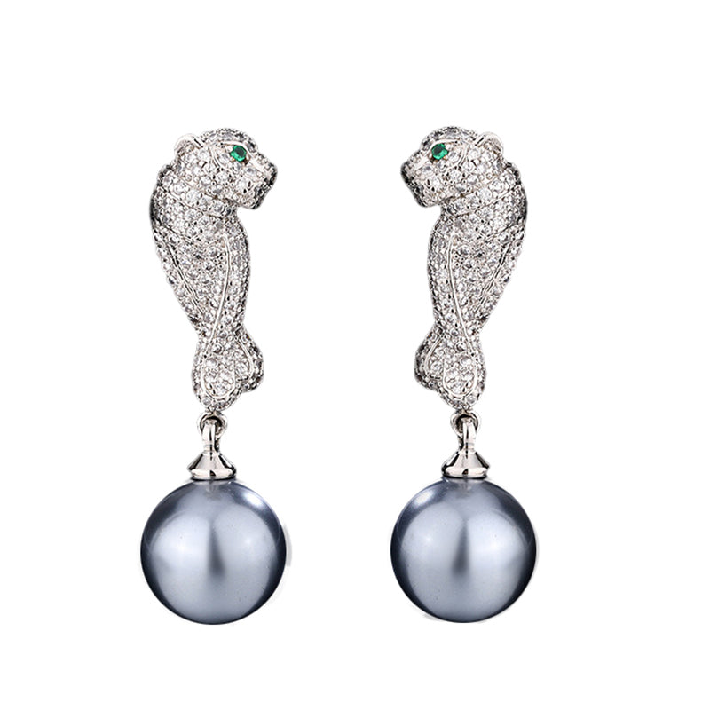 Urqanyu copper-based gold-plated fashionable inlaid pearl leopard cubic zirconia pendant earrings 12mm