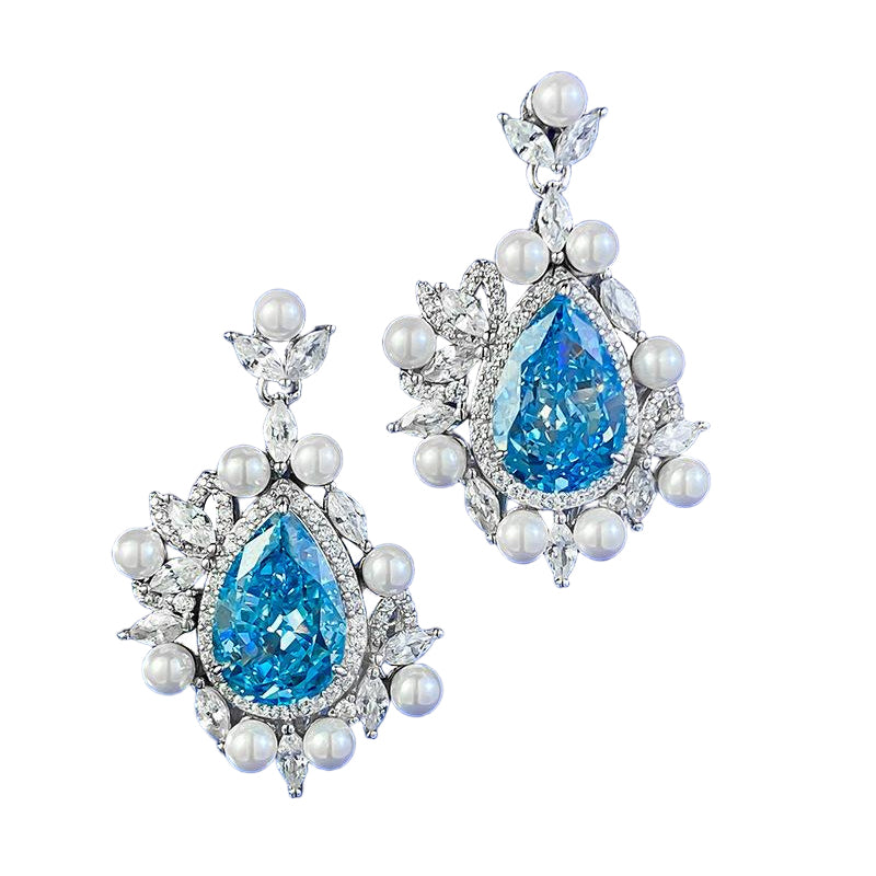 Urqanyu S925 silver ice flower cut 8*12 water drop sea blue fashionable cubic zirconia earrings