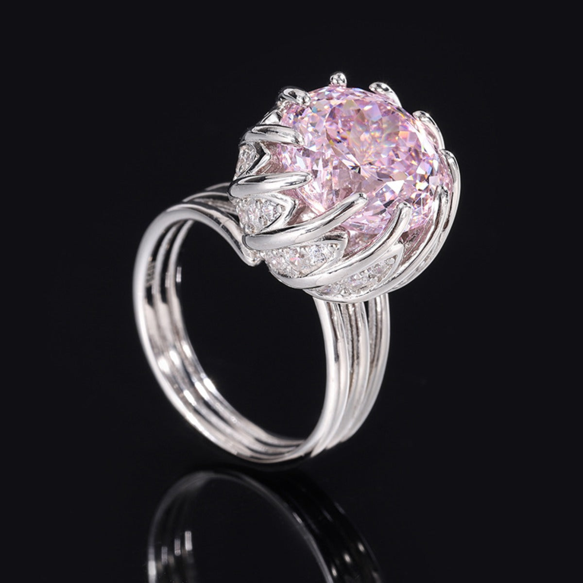 S925 silver high carbon diamond pink burst lotus cubic zirconia ring