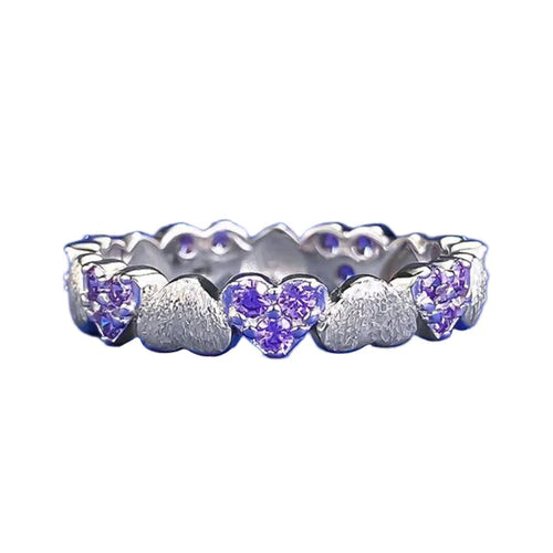 Urqanyu S925 silver retro brushed love purple full circle heart cubic zirconia ring