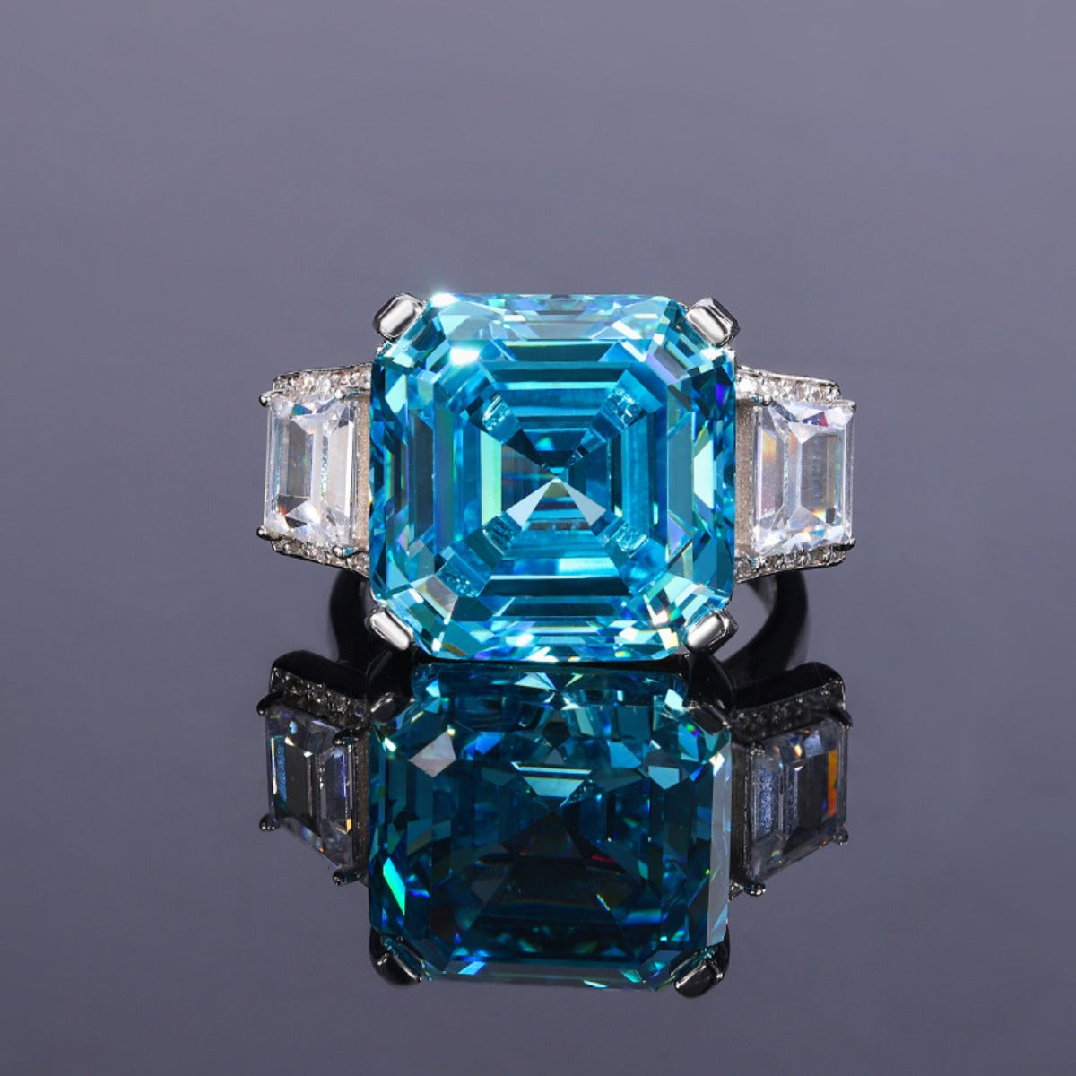 Urqanyu S925 silver Asscher aquamarine princess square cubic zirconia ring