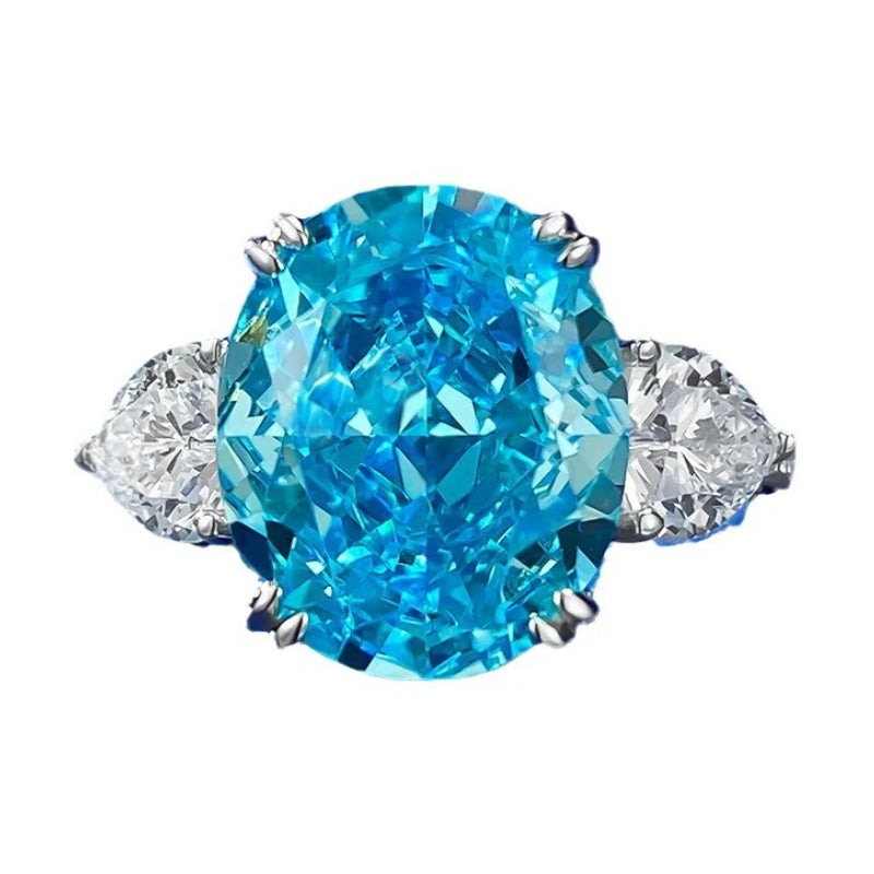 Urqanyu S925 silver sea blue ice flower cut oval cubic zirconia ring 10*12