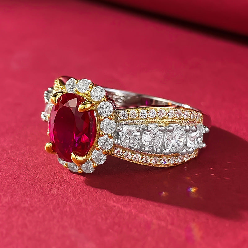 Urqanyu S925 silver French lace edge simulation pigeon blood red oval cubic zirconia ring