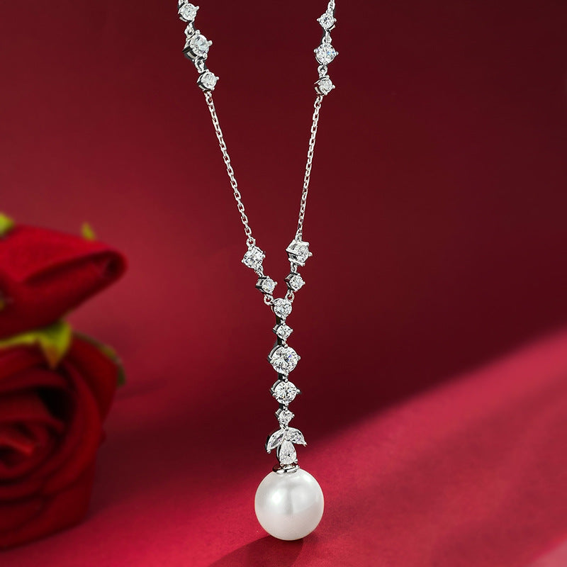 Urqanyu S925 silver tassel pearl 16mm fashionable cubic zirconia necklace
