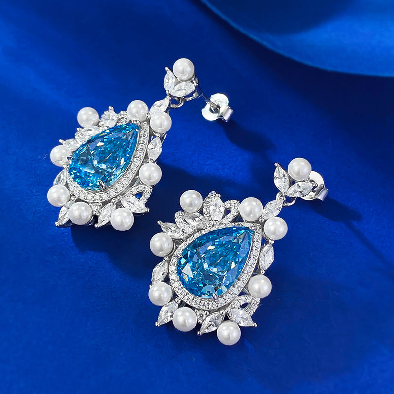 Urqanyu S925 silver ice flower cut 8*12 water drop sea blue fashionable cubic zirconia earrings