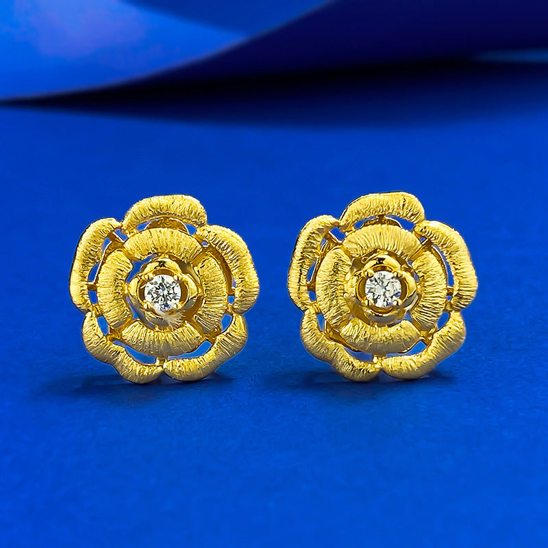 Urqanyu s925 silver gold-plated camellia brushed fashionable all-match cubic zirconia earrings