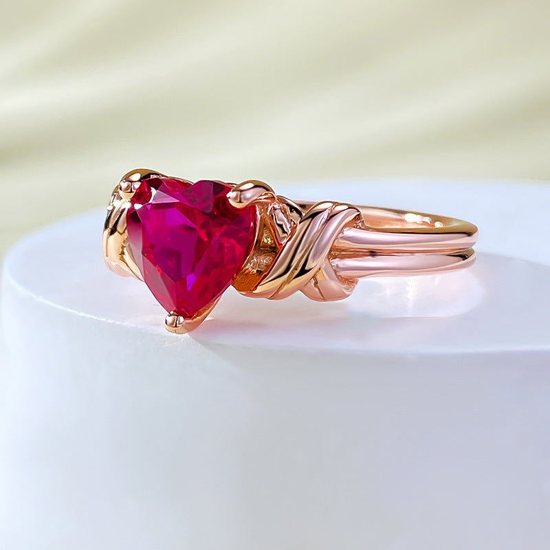 Urqanyu 925 silver heart-shaped red corundum simple cubic zirconia ring 7*7