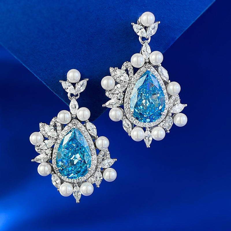 Urqanyu S925 silver ice flower cut 8*12 water drop sea blue fashionable cubic zirconia earrings