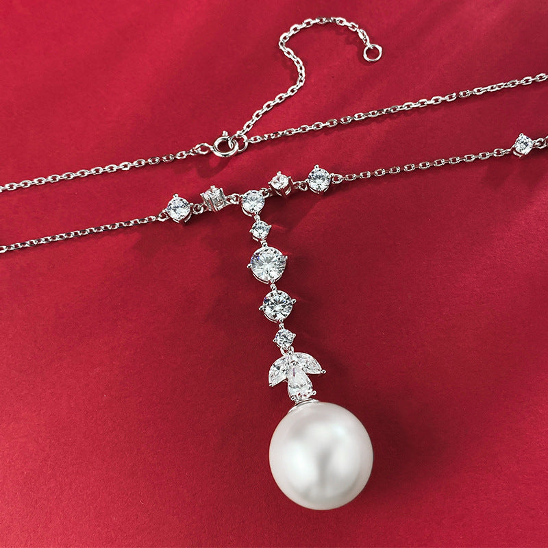 Urqanyu S925 silver tassel pearl 16mm fashionable cubic zirconia necklace