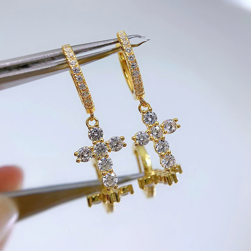 Urqanyu S925 silver diamond cross light luxury style simple cubic zirconia earrings