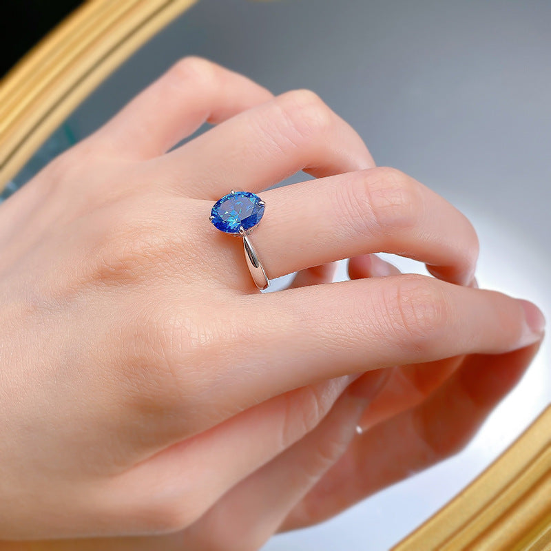 Urqanyu S925 silver simulated royal blue oval cubic zirconia ring