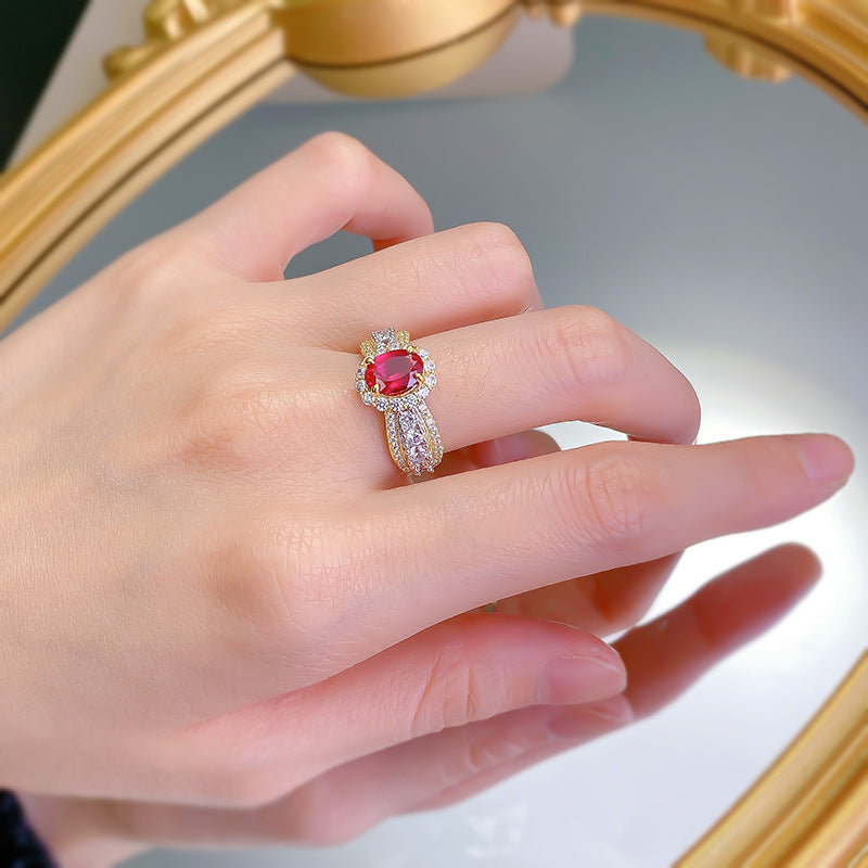 Urqanyu S925 silver French lace edge simulation pigeon blood red oval cubic zirconia ring