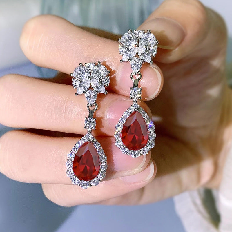 Urqanyu Sterling silver simulated ruby 7*10mm long cubic zirconia earrings
