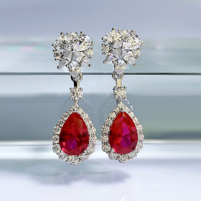 Urqanyu Sterling silver simulated ruby 7*10mm long cubic zirconia earrings