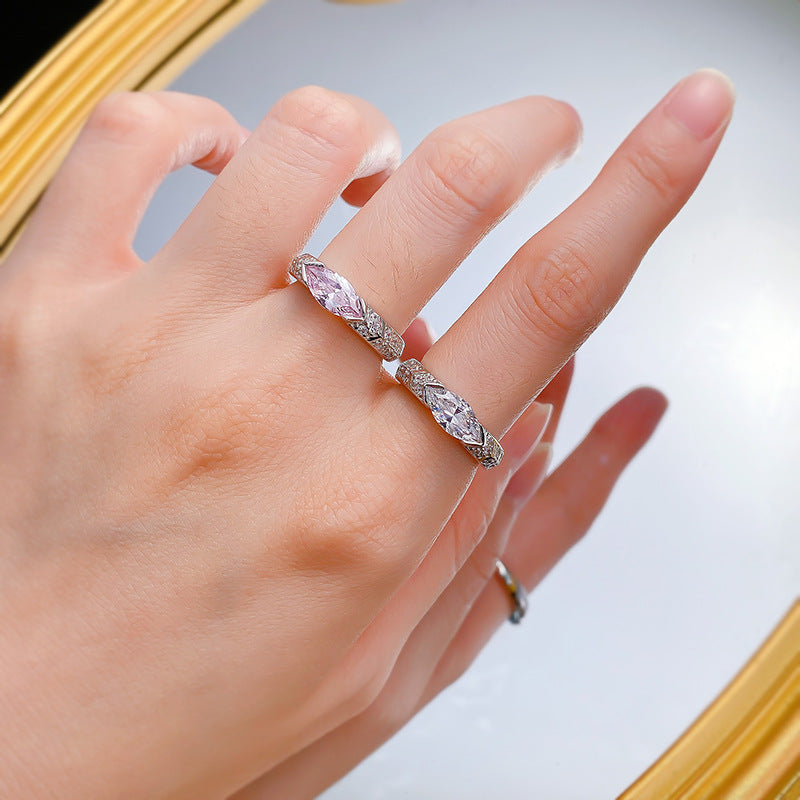 Urqanyu S925 silver inlaid horse eye pink diamond simple personality cubic zirconia ring female 5*10