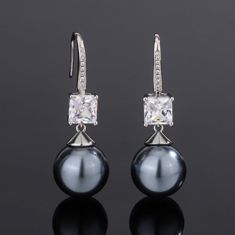 Urqanyu copper base gold-plated inlaid pearl square cubic zirconia fashion pendant earrings 14mm
