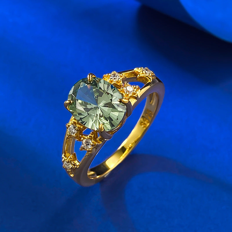 Urqanyu S925 silver oxygen mint green oval tourmaline green cubic zirconia ring 6*9