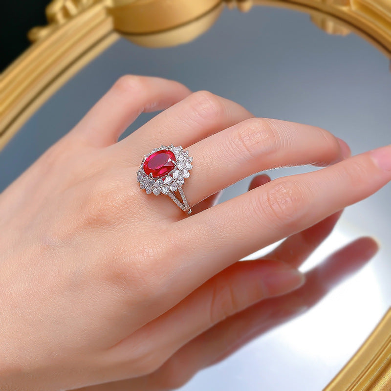 Urqanyu S925 silver pigeon blood red simulated diamond oval ring group inlaid flower cluster cubic zirconia wedding ring 8*10