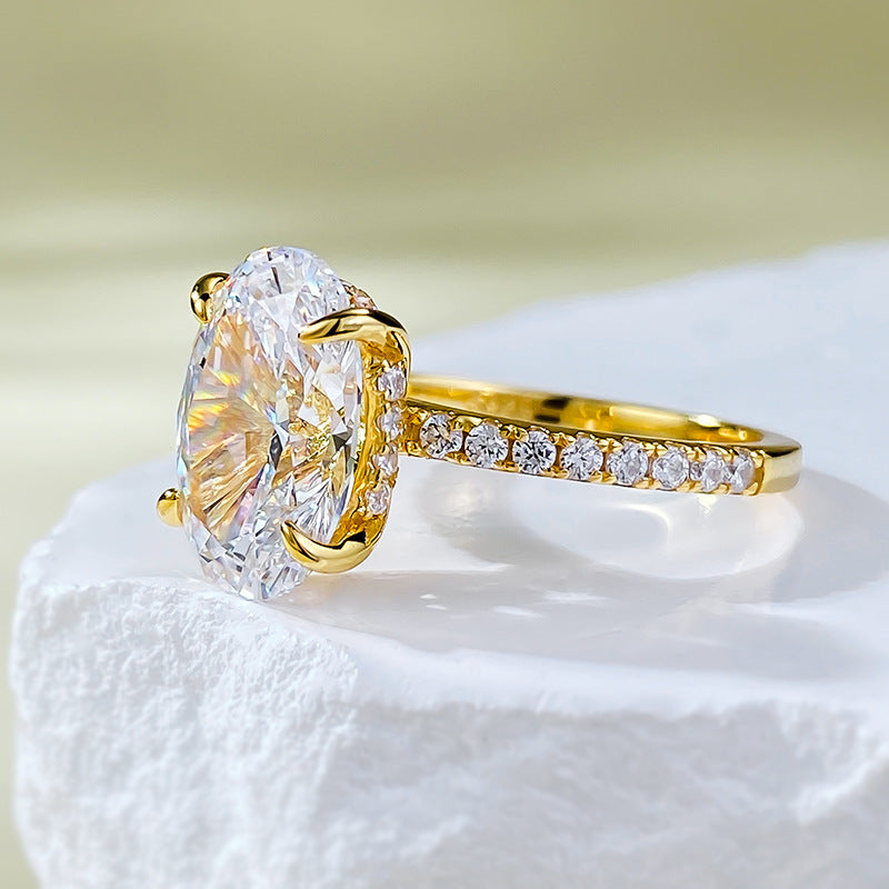 Urqanyu S925 silver gold-plated simulated diamond oval radiant cubic zirconia stone bottom cutting ring 8*12