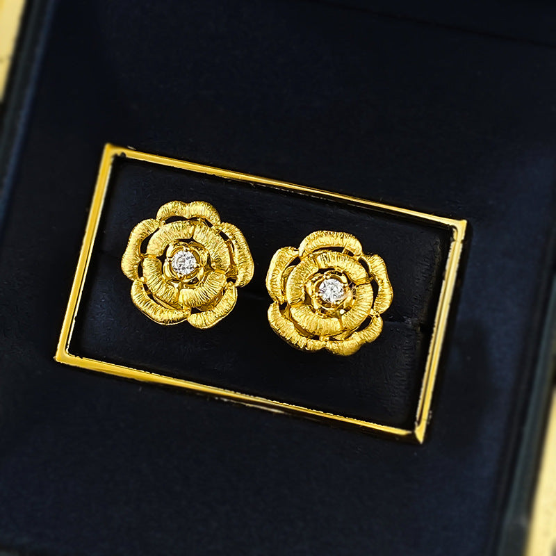 Urqanyu s925 silver gold-plated camellia brushed fashionable all-match cubic zirconia earrings