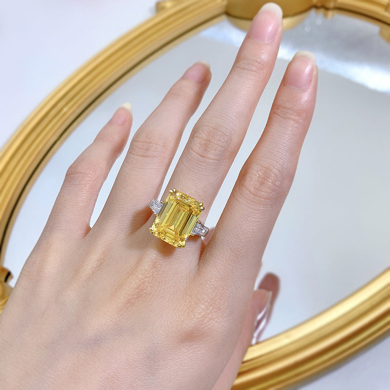 Urqanyu S925 silver luxury yellow diamond cubic zirconia ring 11*15mm
