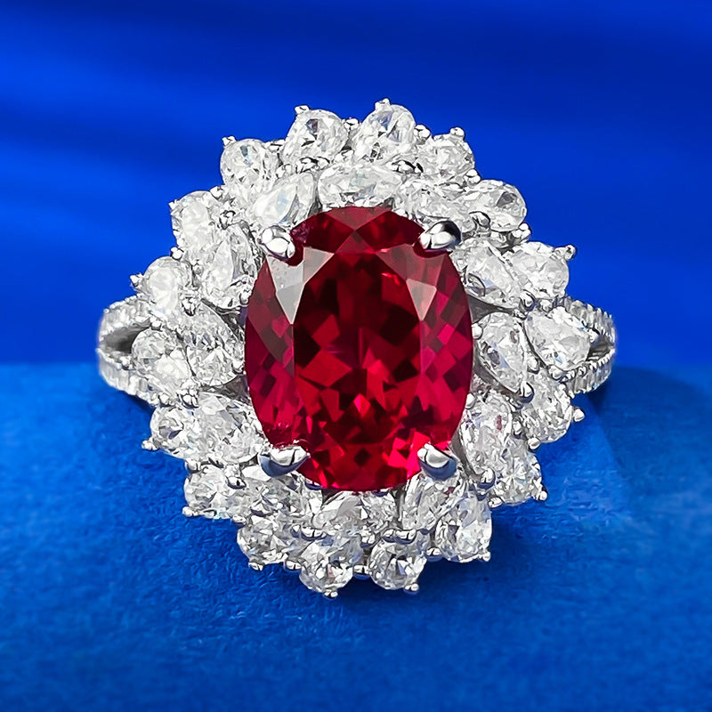 Urqanyu S925 silver pigeon blood red simulated diamond oval ring group inlaid flower cluster cubic zirconia wedding ring 8*10