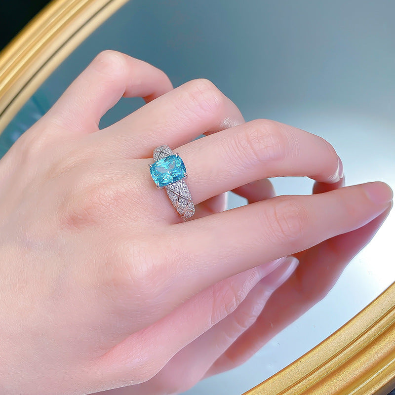 Urqanyu S925 silver Paraiba fat square dream catcher cubic zirconia ring 7*9