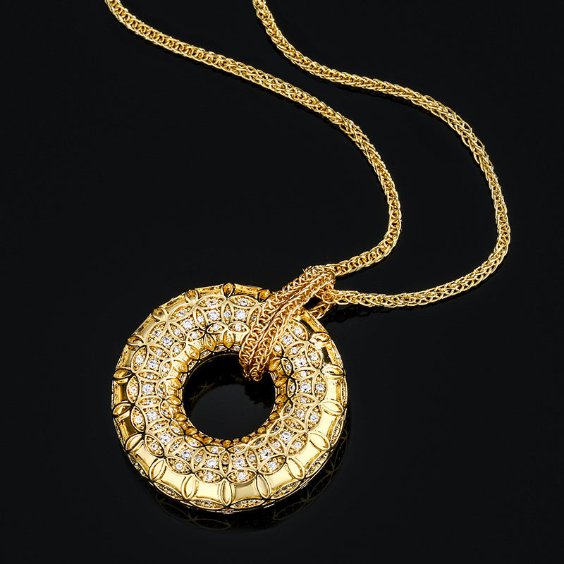 Urqanyu Copper-base gold-plated simulated gold filigree ancient coin pattern peace buckle cubic zirconia pendant necklace
