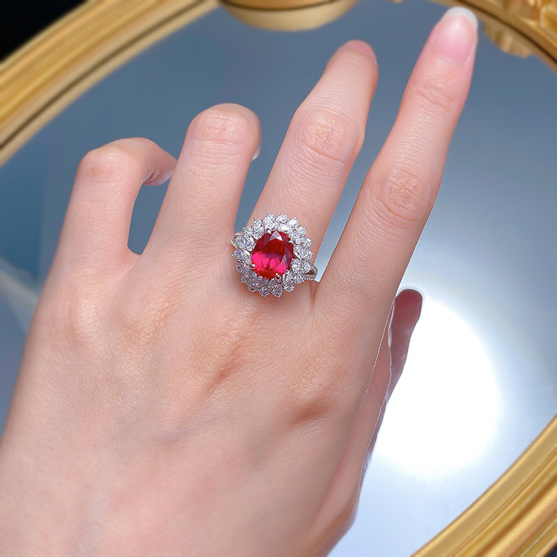 Urqanyu S925 silver pigeon blood red simulated diamond oval ring group inlaid flower cluster cubic zirconia wedding ring 8*10