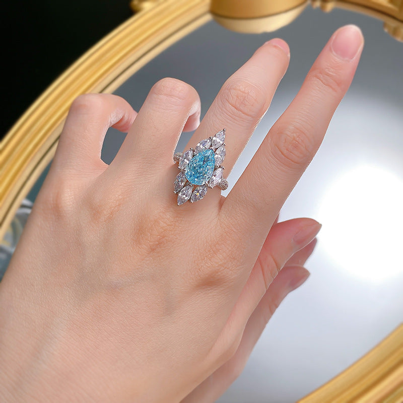 Urqanyu 925 silver 4 carat pear-shaped water drop aquamarine cubic zirconia ring 8*12