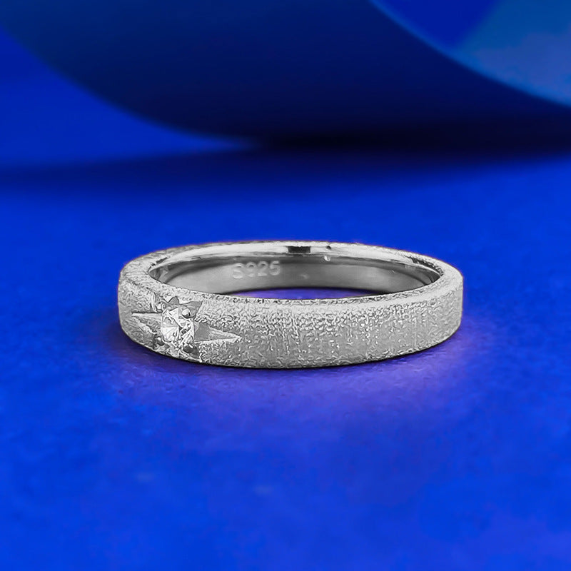 Urqanyu S925 silver classic single diamond six-pointed star narrow brushed white gold cubic zirconia ring