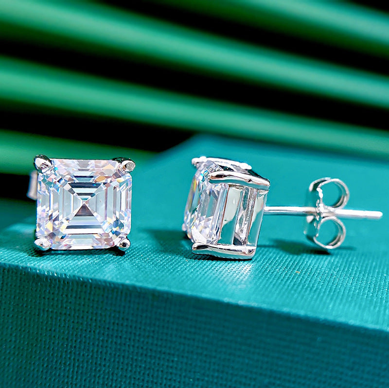 Urqanyu S925 silver simple 7mm pagoda flat simulated diamond four-claw square zirconia earrings