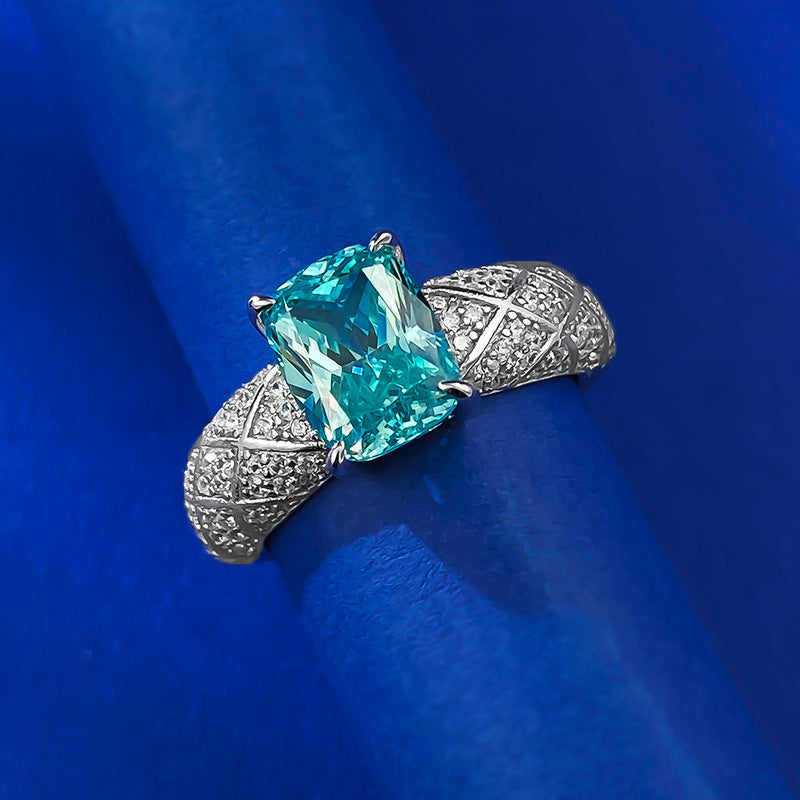 Urqanyu S925 silver Paraiba fat square dream catcher cubic zirconia ring 7*9