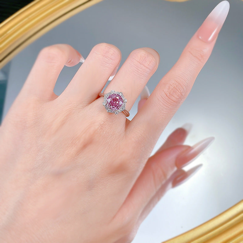 Urqanyu S925 silver millennium rose cut purple diamond cubic zirconia ring 8*8