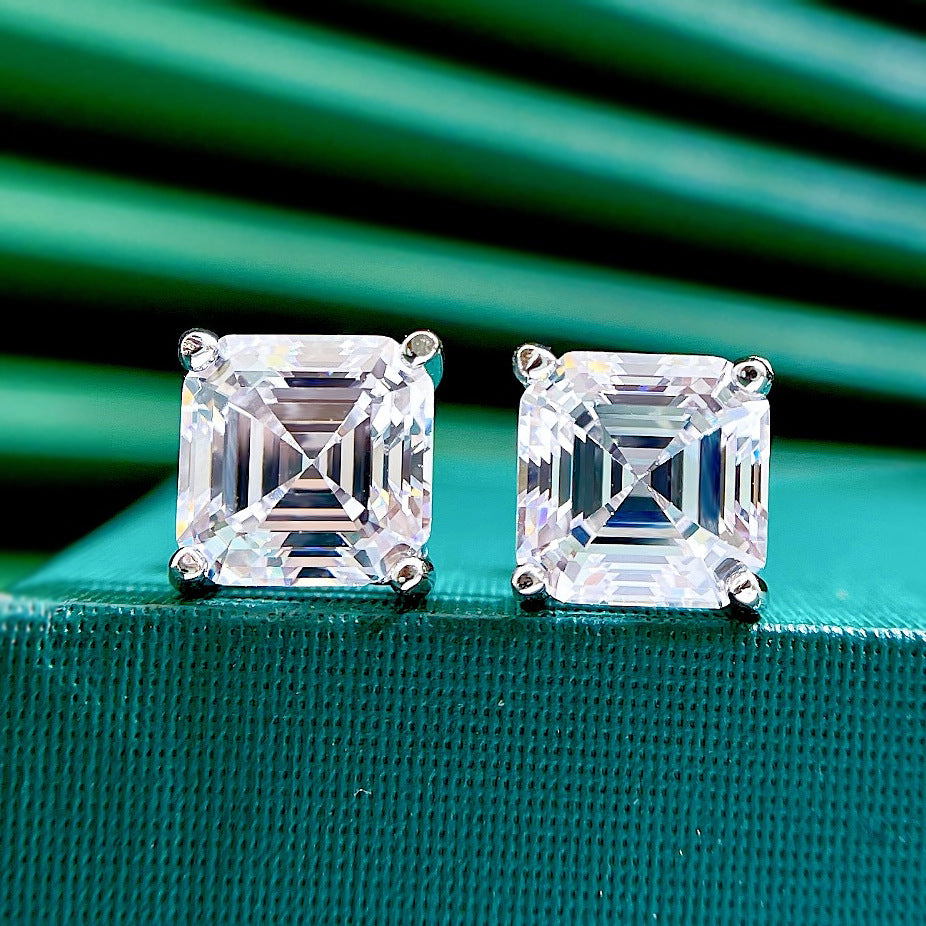 Urqanyu S925 silver simple 7mm pagoda flat simulated diamond four-claw square zirconia earrings