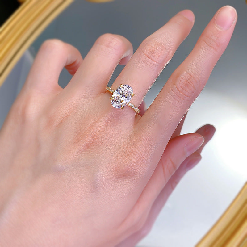 Urqanyu S925 silver gold-plated simulated diamond oval radiant cubic zirconia stone bottom cutting ring 8*12
