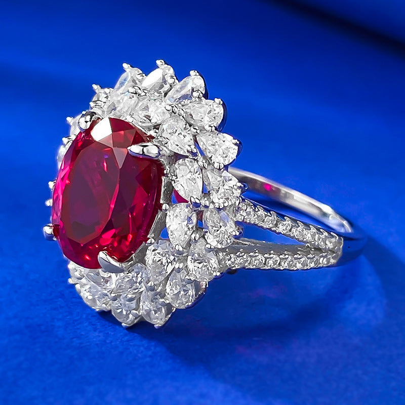 Urqanyu S925 silver pigeon blood red simulated diamond oval ring group inlaid flower cluster cubic zirconia wedding ring 8*10
