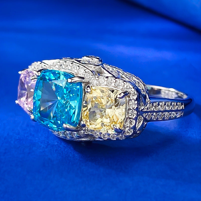 Urqanyu 2 carat imitation color inlaid yellow, blue and pink personality full diamond contrast color cubic zirconia diamond ring