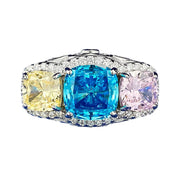 Urqanyu 2 carat imitation color inlaid yellow, blue and pink personality full diamond contrast color cubic zirconia diamond ring