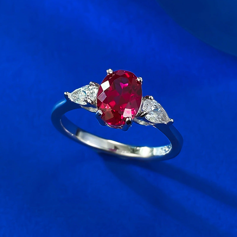 Urqanyu S925 silver fashion simulation pigeon blood red oval red corundum cubic zirconia ring 6*8