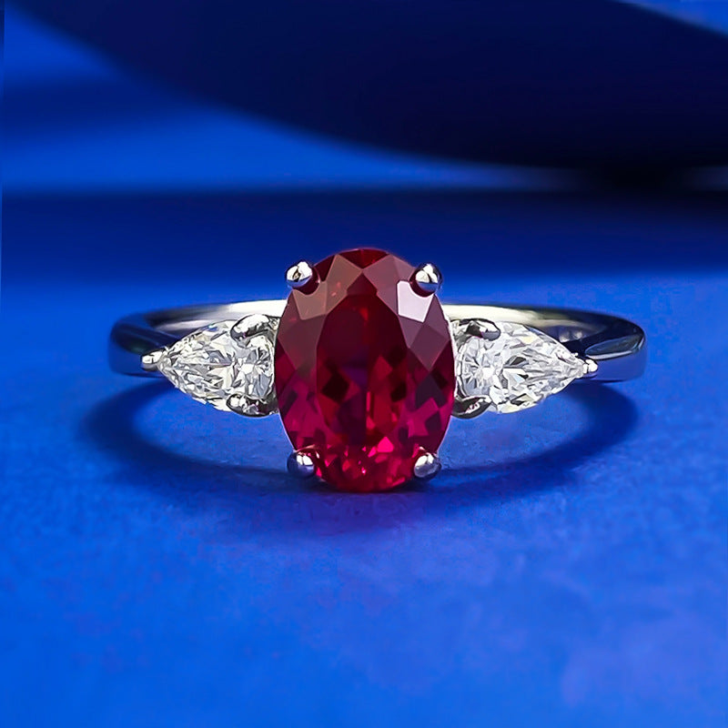 Urqanyu S925 silver fashion simulation pigeon blood red oval red corundum cubic zirconia ring 6*8