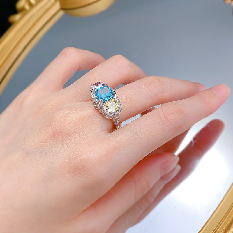 Urqanyu 2 carat imitation color inlaid yellow, blue and pink personality full diamond contrast color cubic zirconia diamond ring