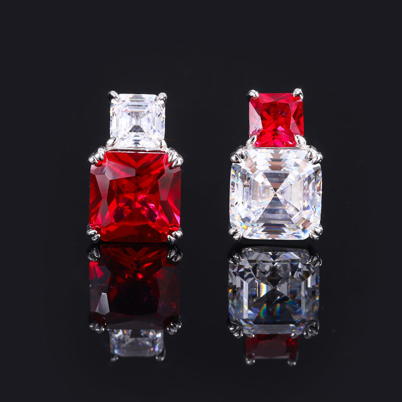 UrqanyuS925 silver simulated colored gemstone AB style princess square cubic zirconia pendant earrings 10mm