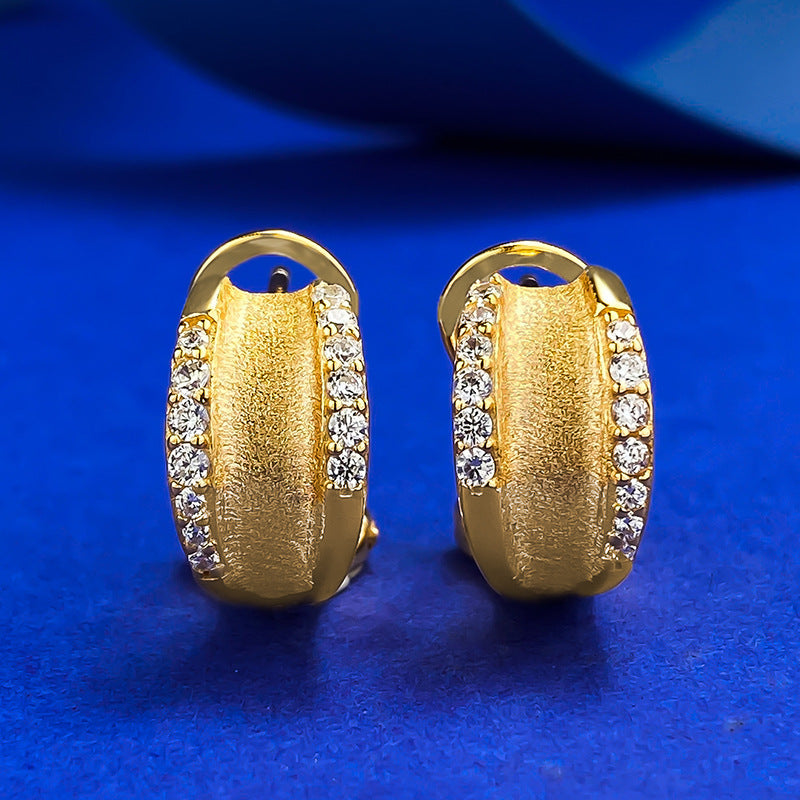 Urqanyu S925 silver plated real gold brushed frosted craft fashionable all-match cubic zirconia earrings