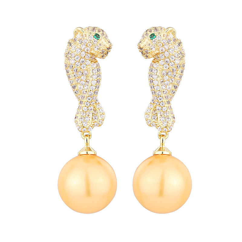 Urqanyu copper-based gold-plated fashionable inlaid pearl leopard cubic zirconia pendant earrings 12mm