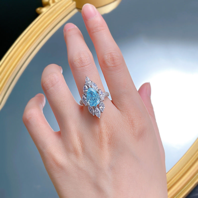 Urqanyu 925 silver 4 carat pear-shaped water drop aquamarine cubic zirconia ring 8*12