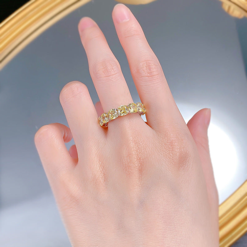 Urqanyu S925 silver fat square 5mm yellow diamond row diamond cubic zirconia stacking ring
