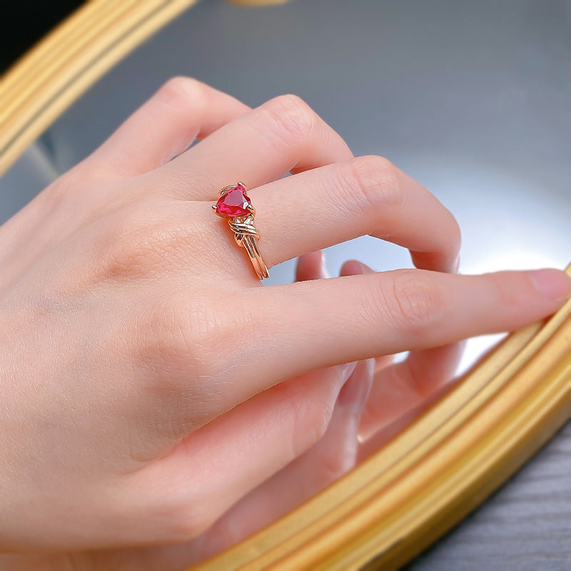 Urqanyu 925 silver heart-shaped red corundum simple cubic zirconia ring 7*7