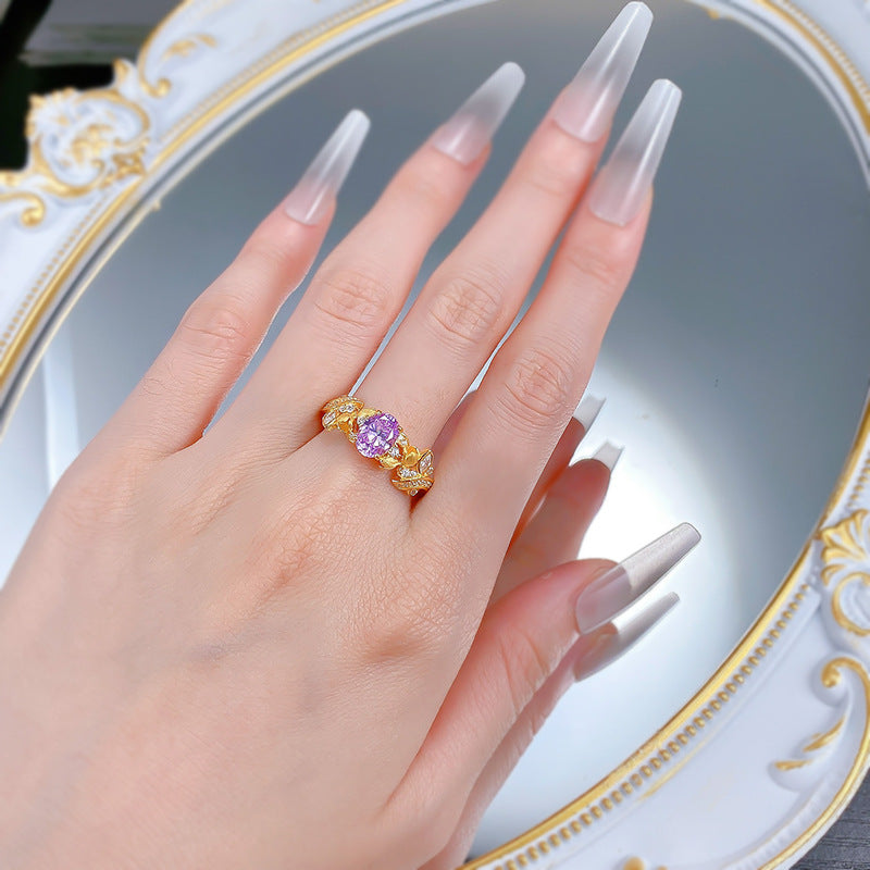 Urqanyu S925 silver purple fantasy purple brushed three-dimensional flower bud cubic zirconia ring